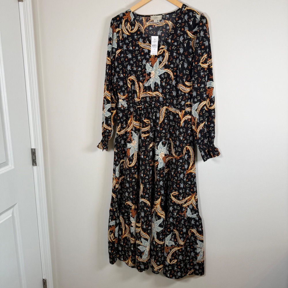 NEW LOFT Outlet Paisley Floral Tiered Maxi Dress XS‎ Black BOHO Long Sleeve NWT